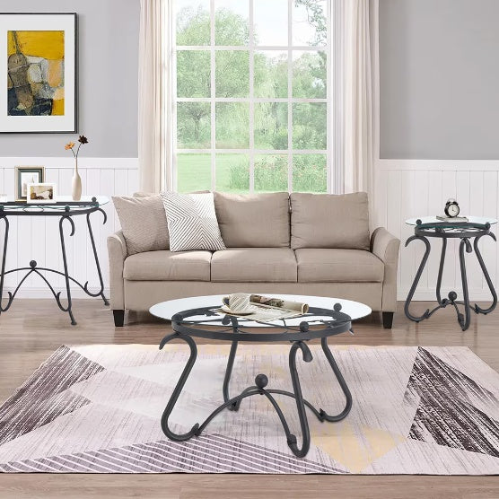 Ensemble de 2 tables basses en verre trempé avec table basse décorative et table d'appoint ronde