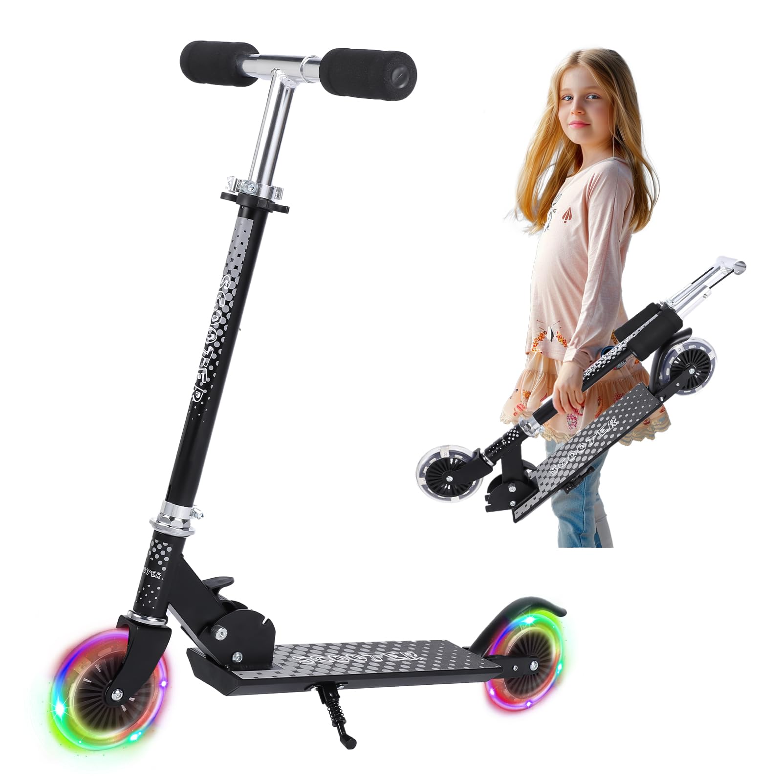 Trottinette 2 roues pour enfants de 3 à 12 ans - Trottinette avec roues lumineuses LED et guidon réglable sur 3 positions - Alliage d'aluminium léger et pliable noir