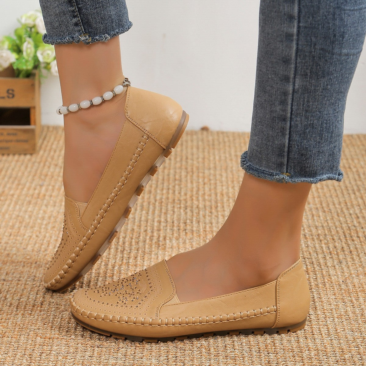 Chaussures décontractées pour femmes en gommino, couleur unie, cousues à la main