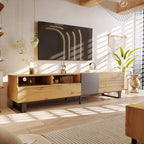 Meuble TV moderne pour téléviseur 80 pouces avec double espace de rangement, console multimédia, centre de divertissement avec porte abattante pour salon