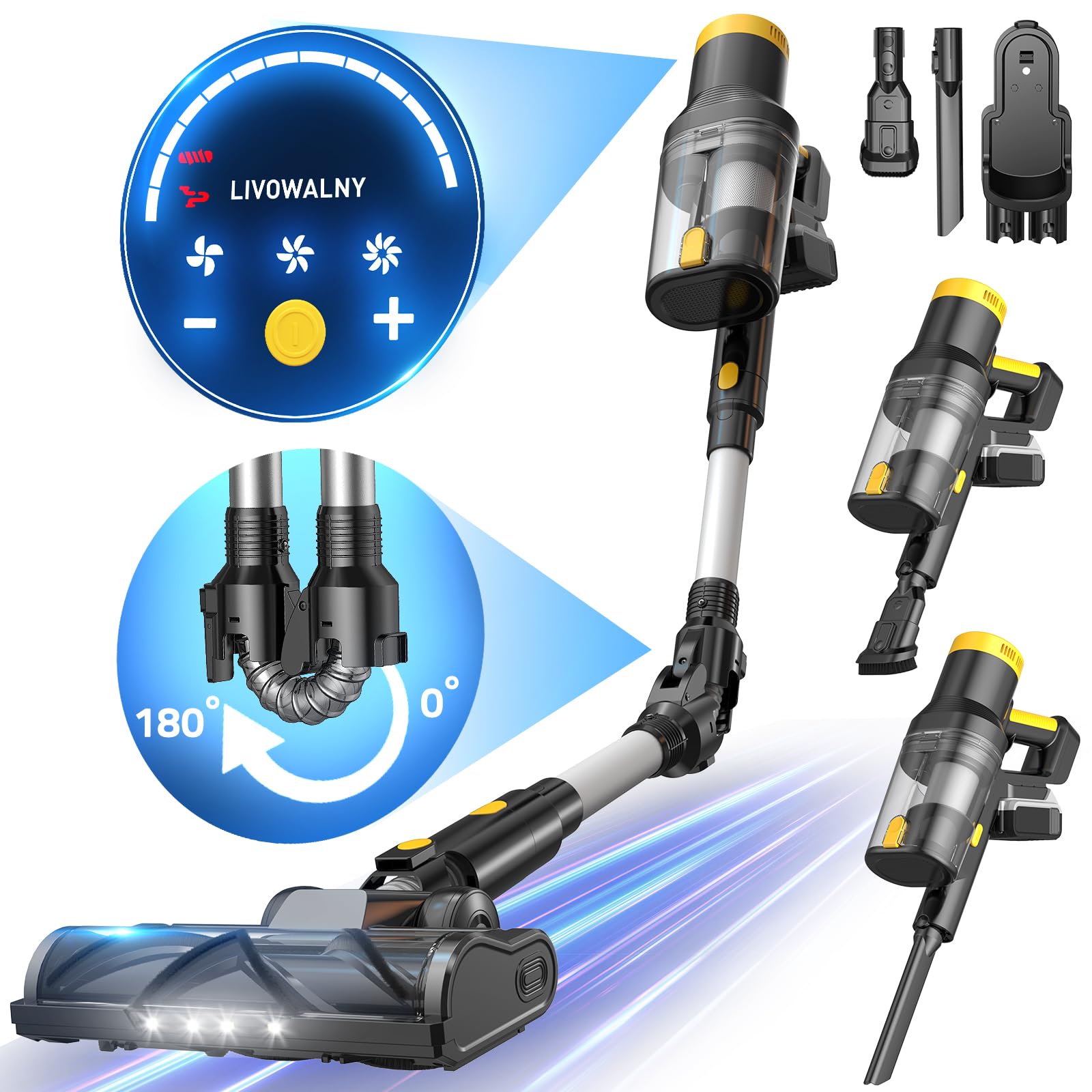 Aspirateur sans fil 350 W pour batterie DeWALT 20 V (batterie non incluse), 40 kPa, autoportant, avec écran tactile, double bac à poussière et tube flexible à 180°. Idéal pour sols durs, moquettes et animaux domestiques.