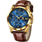 Montre OLEVS pour homme, grand cadran à chiffres, bracelet en cuir marron, chronographe multifonction, date, lumineuse, étanche, bleue