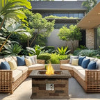 Foyer extérieur au propane de 71 cm (28 po) de côté, en béton imitation pierre, avec pierres de lave et housse de protection contre la pluie. Foyer au gaz sans fumée de 40 000 BTU pour patio, jardin, terrasse ou cour arrière.