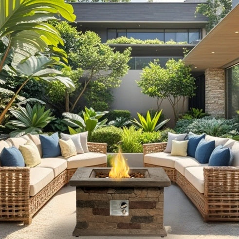 Foyer extérieur au propane de 71 cm (28 po) de côté, en béton imitation pierre, avec pierres de lave et housse de protection contre la pluie. Foyer au gaz sans fumée de 40 000 BTU pour patio, jardin, terrasse ou cour arrière.