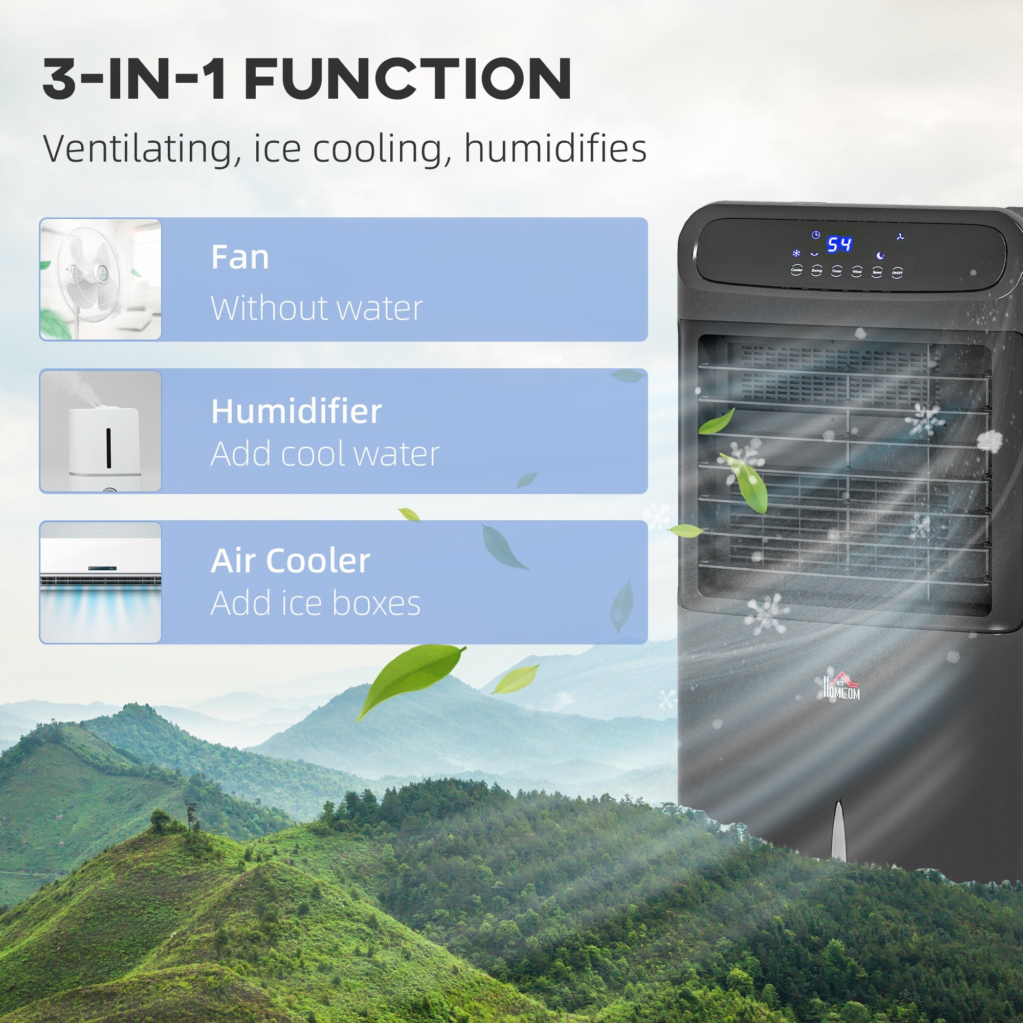 Ventilateur refroidisseur 3-en-1 à glace à évaporation avec télécommande