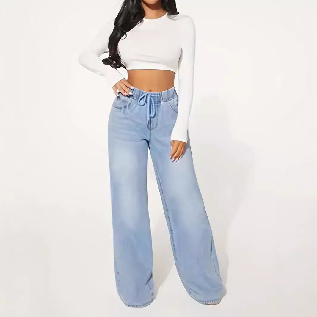 Jean taille haute à cordon de serrage et jambes larges – Édition 25 – Bleu clair