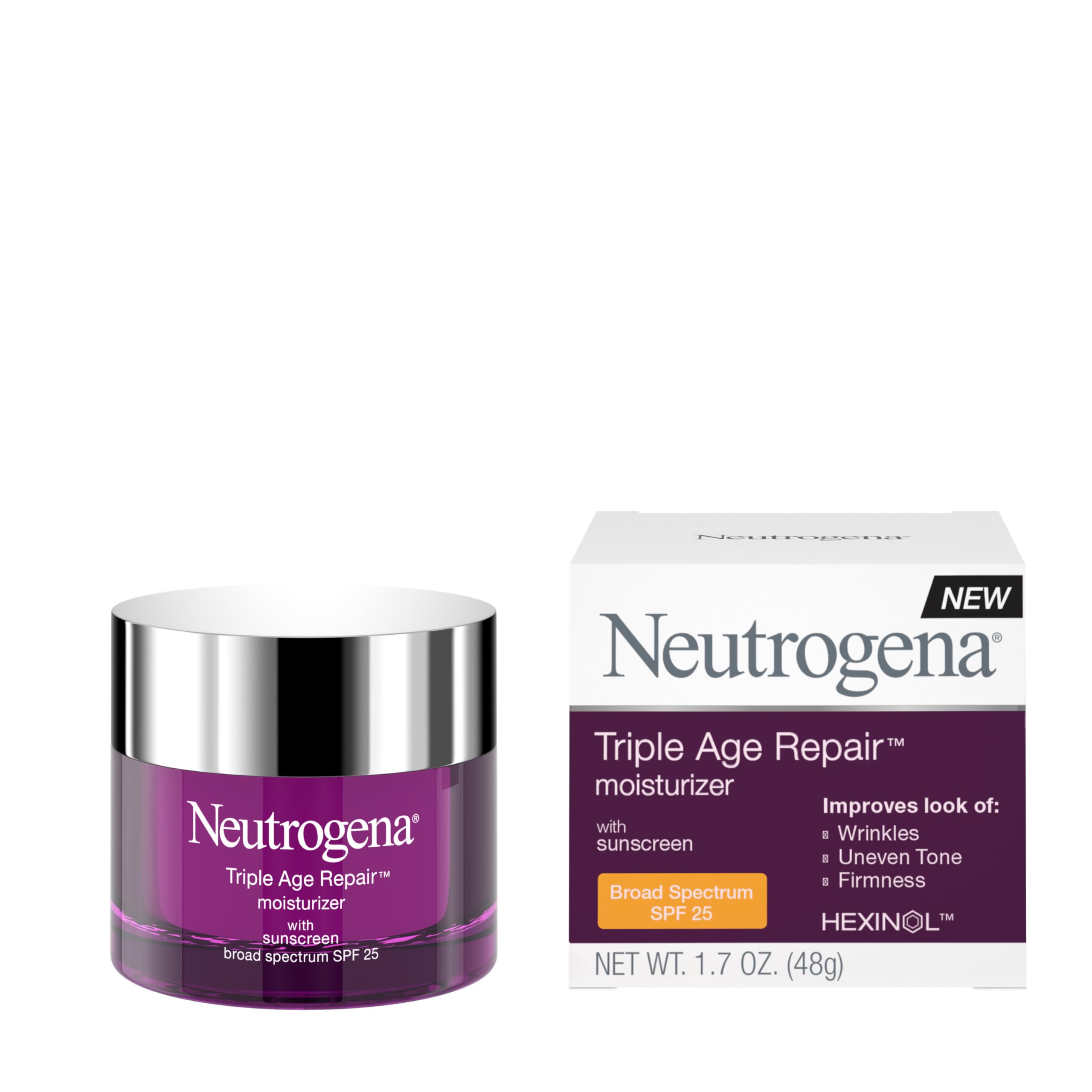 Neutrogena Triple Age Repair Crème Hydratante Visage Anti-Âge Quotidienne avec Protection Solaire SPF 25 et Vitamine C Crème Raffermissante Anti-Rides Visage et Cou pour les Taches Brunes Glycérine et Beurre de Karité 50 ml