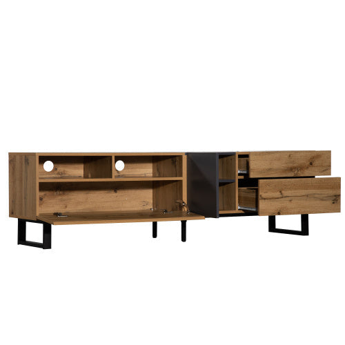 Meuble TV moderne pour téléviseur 80 pouces avec double espace de rangement, console multimédia, centre de divertissement avec porte abattante pour salon