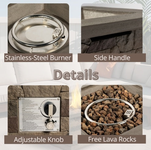 Foyer extérieur au propane de 71 cm (28 po) de côté, en béton imitation pierre, avec pierres de lave et housse de protection contre la pluie. Foyer au gaz sans fumée de 40 000 BTU pour patio, jardin, terrasse ou cour arrière.