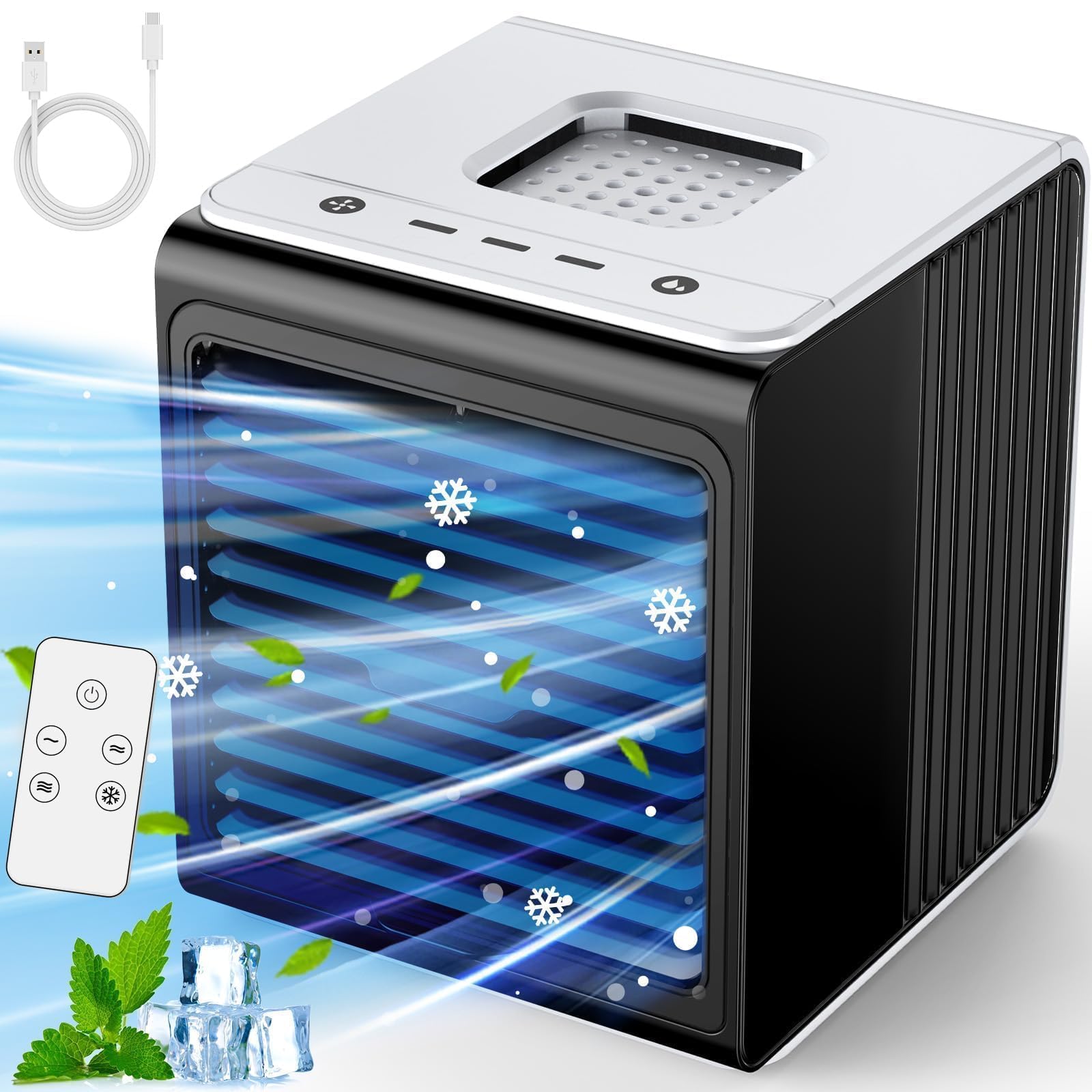 Climatiseur miniature 3-en-1 CENSTECH avec télécommande, conception anti-éclaboussures, 3 vitesses, petit climatiseur portable, réservoir grande capacité, climatiseur personnel, climatiseur de bureau pour bureau ou chambre