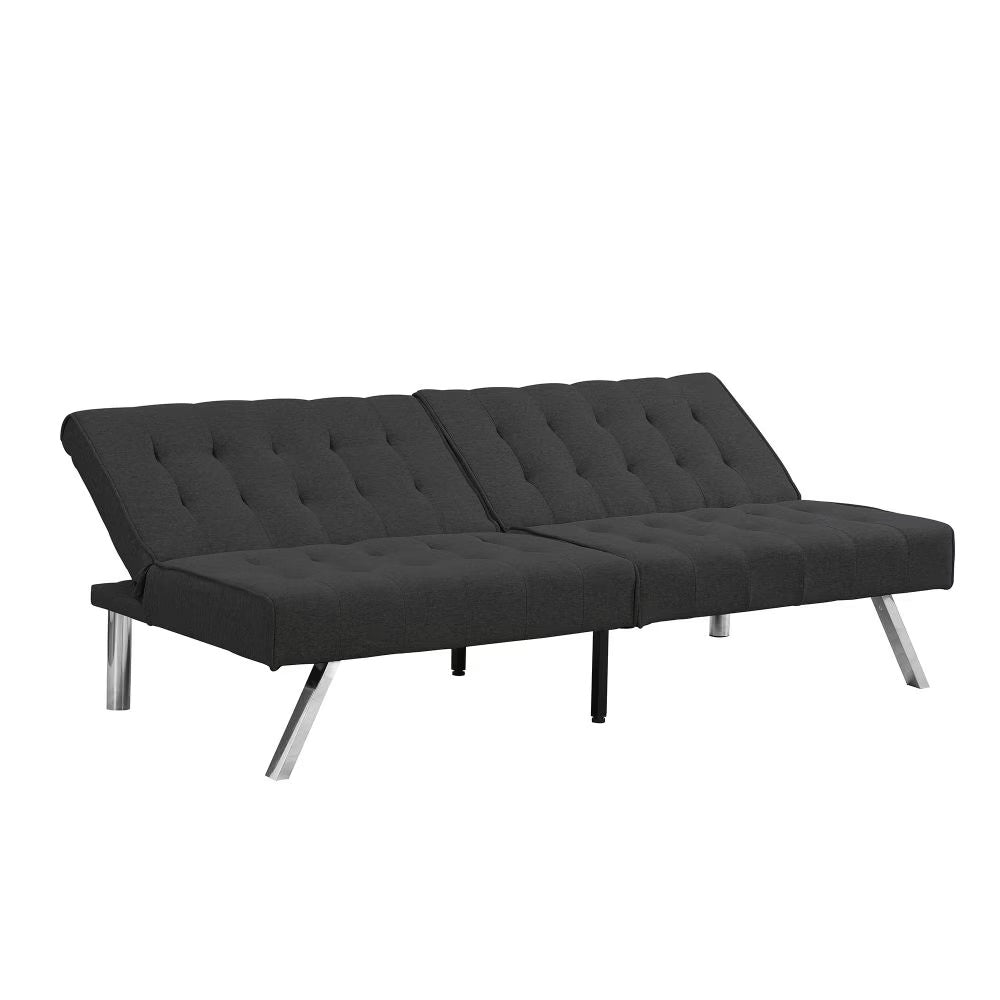 FUTON, CANAPÉ-LIT NOIR, STRUCTURE EN BOIS, PIEDS EN INOX