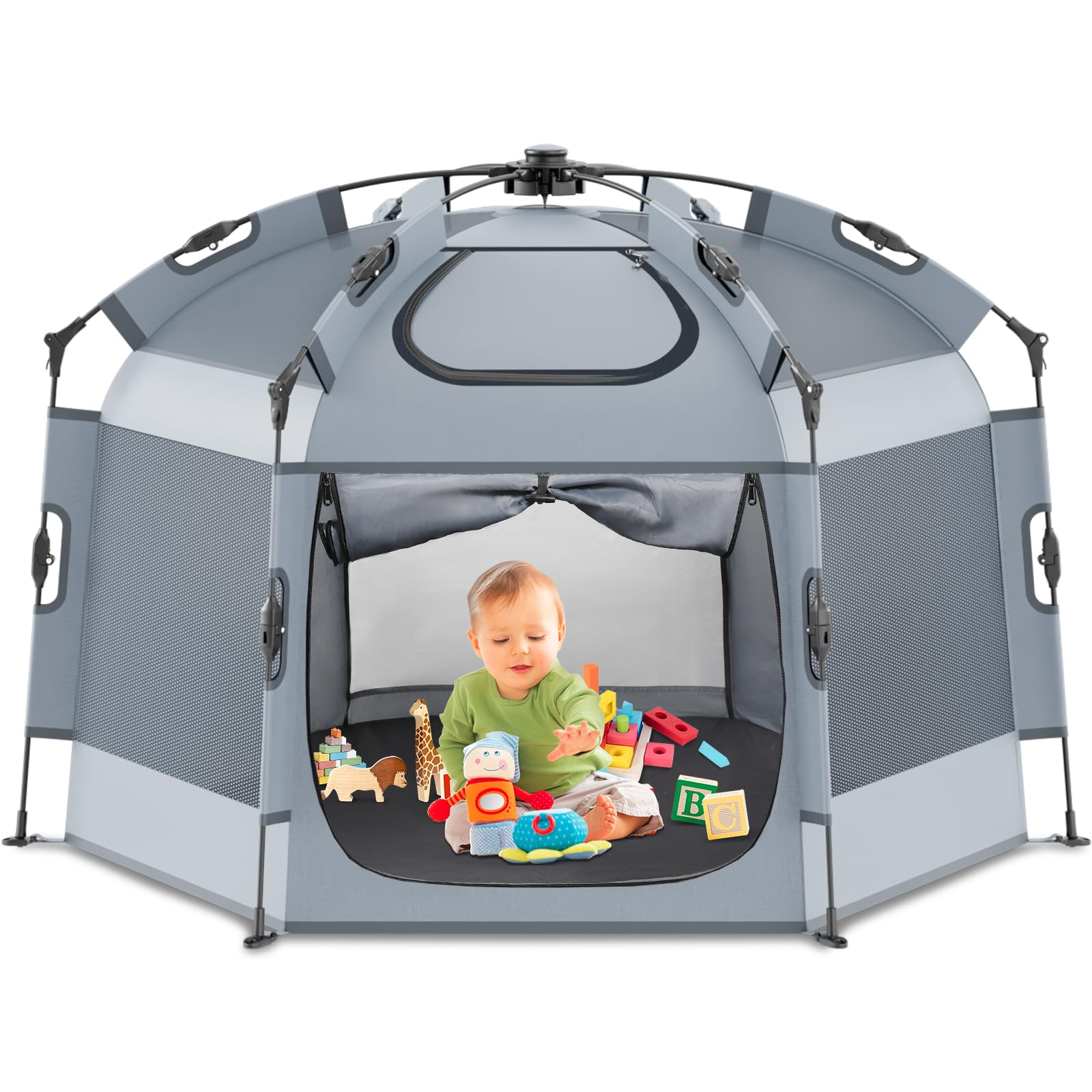 Parc pour bébé Babepai Pop-up - 140 cm de large × 93 cm de haut - Tente de plage portable pour bébé - Parc de jeu extérieur pour bébé - Enclos de jeu pliable et léger avec sac de transport - Gris