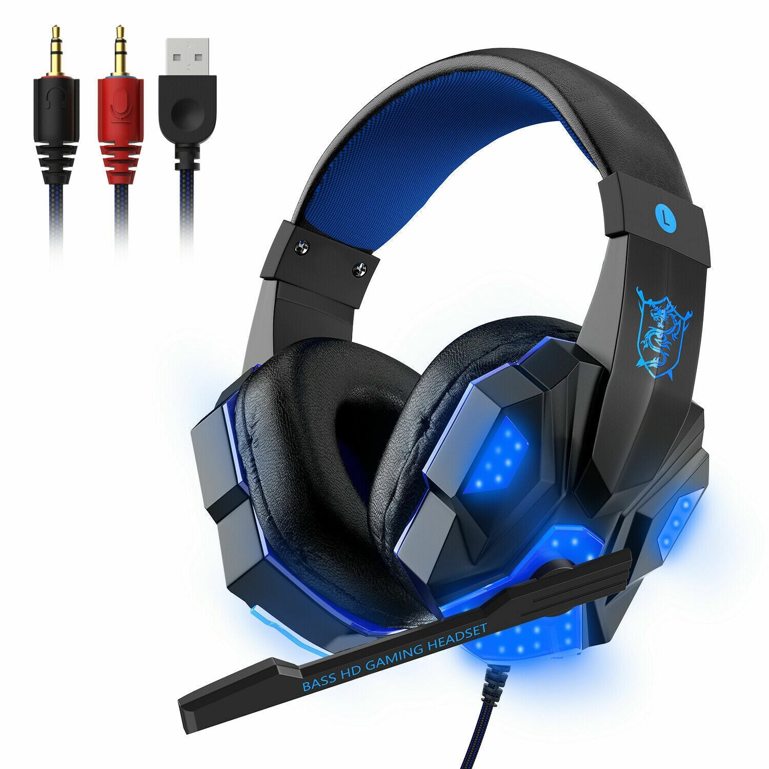 Casque de jeu 3,5 mm avec micro, LED et basses surround stéréo pour PC, PS4 et Xbox One