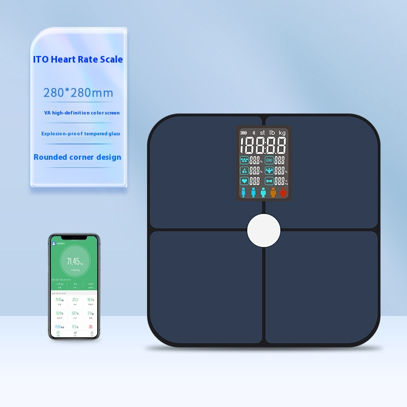 Balance électronique intelligente à écran couleur VA avec mesure précise de la fréquence cardiaque et du taux de masse grasse.