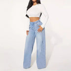 Jean taille haute à cordon de serrage et jambes larges – Édition 25 – Bleu clair