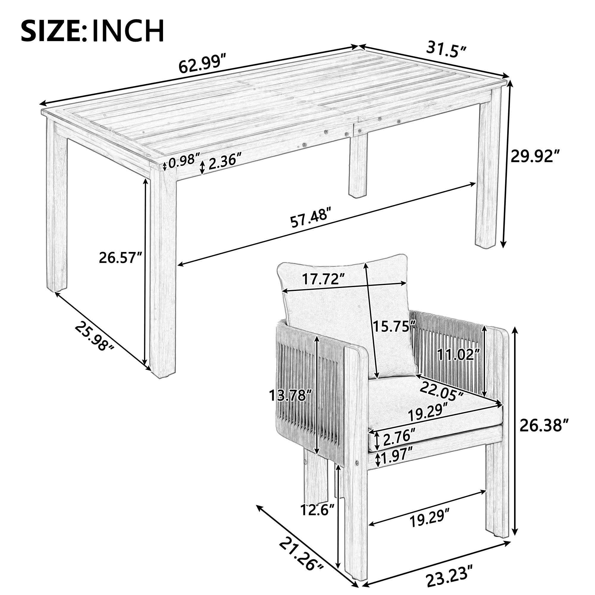 Ensemble de salle à manger d'extérieur de luxe 5 pièces pour 4 personnes, en bois d'acacia massif