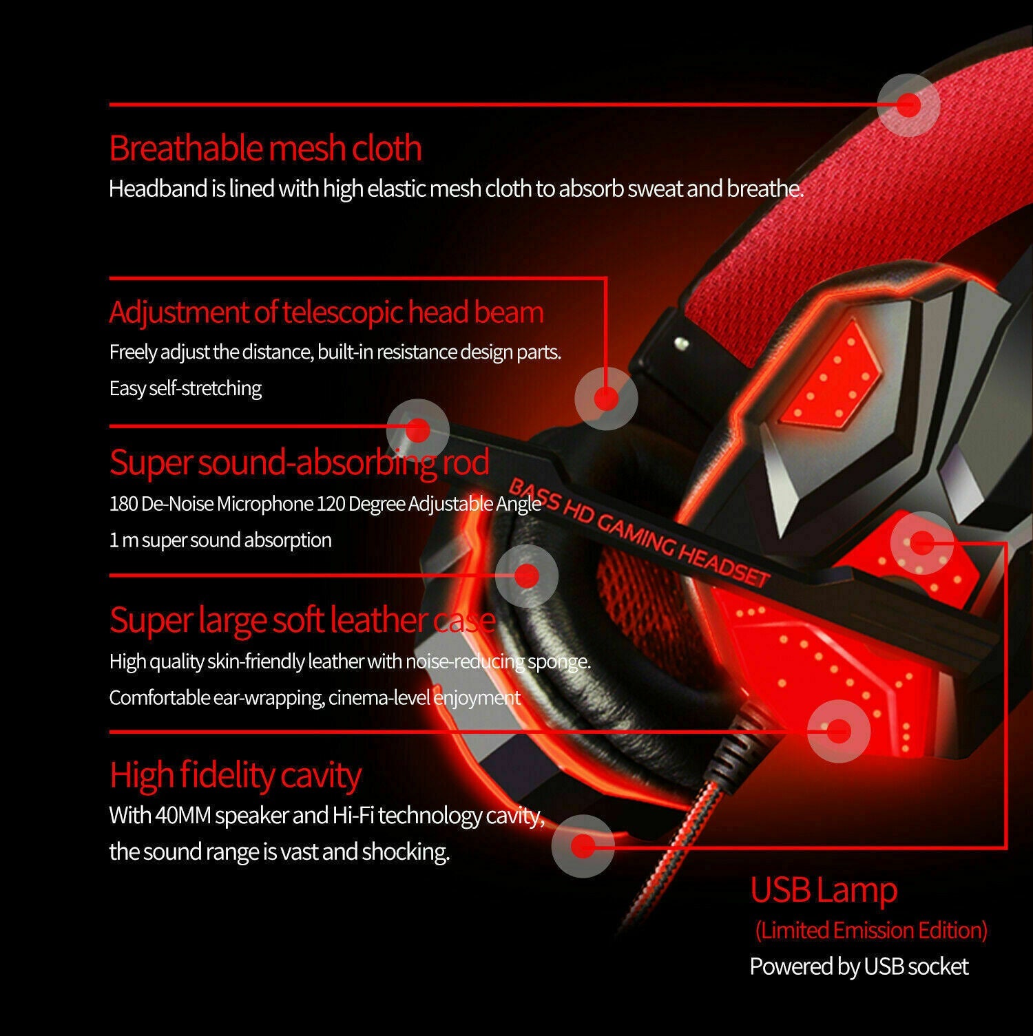 Casque de jeu 3,5 mm avec micro, LED et basses surround stéréo pour PC, PS4 et Xbox One