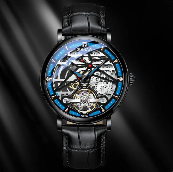 Montre Glenn Genuine pour homme, automatique, mécanique creuse