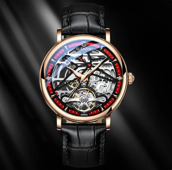 Montre Glenn Genuine pour homme, automatique, mécanique creuse
