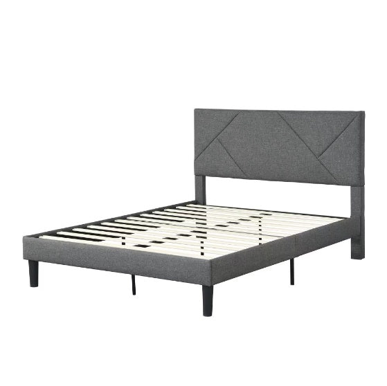 Cadre de lit plateforme rembourré Queen-size, soutenu par des barres en bois, facile à assembler, gris