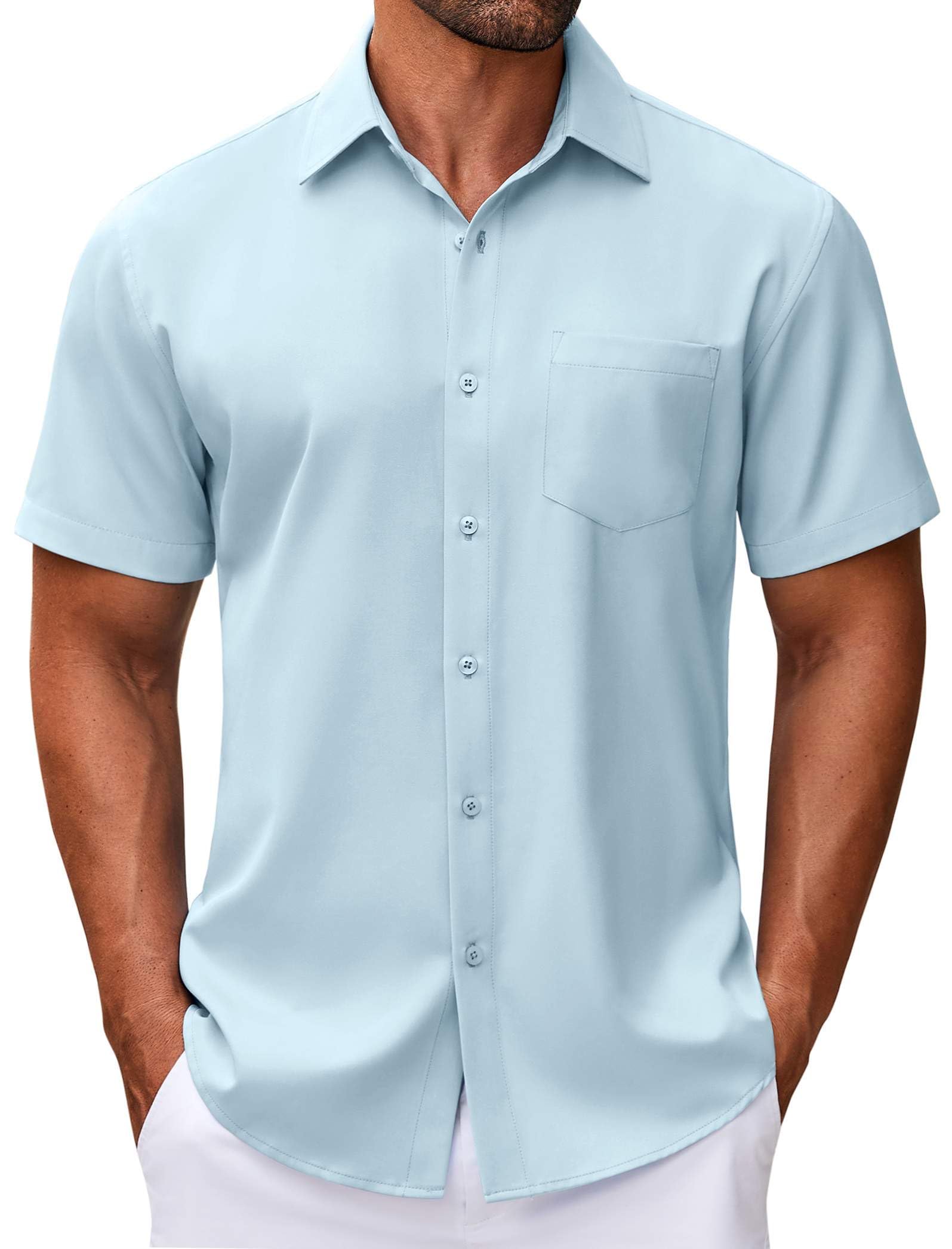Chemise de travail homme COOFANDY, chemise décontractée à boutons, manches courtes, chemise d'affaires, chemise d'été, bleu clair
