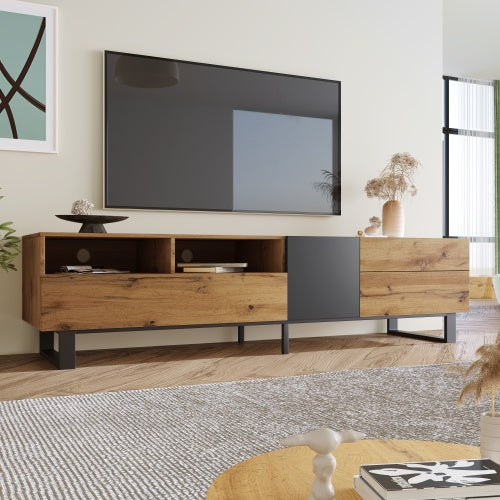 Meuble TV moderne pour téléviseur 80 pouces avec double espace de rangement, console multimédia, centre de divertissement avec porte abattante pour salon