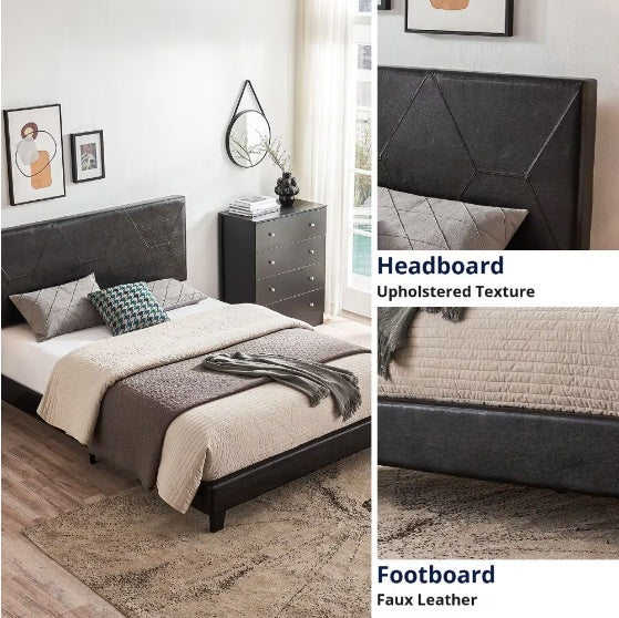 Cadre de lit plateforme rembourré Queen size, montage facile, noir, PU