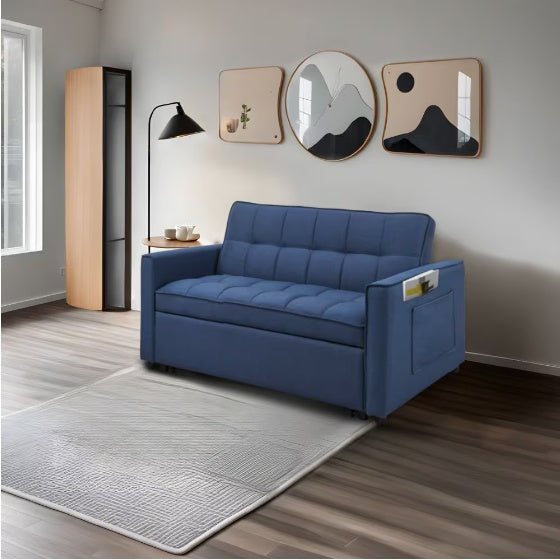 Canapé-lit bleu élégant avec revêtement en polyester tissé et structure en bois massif