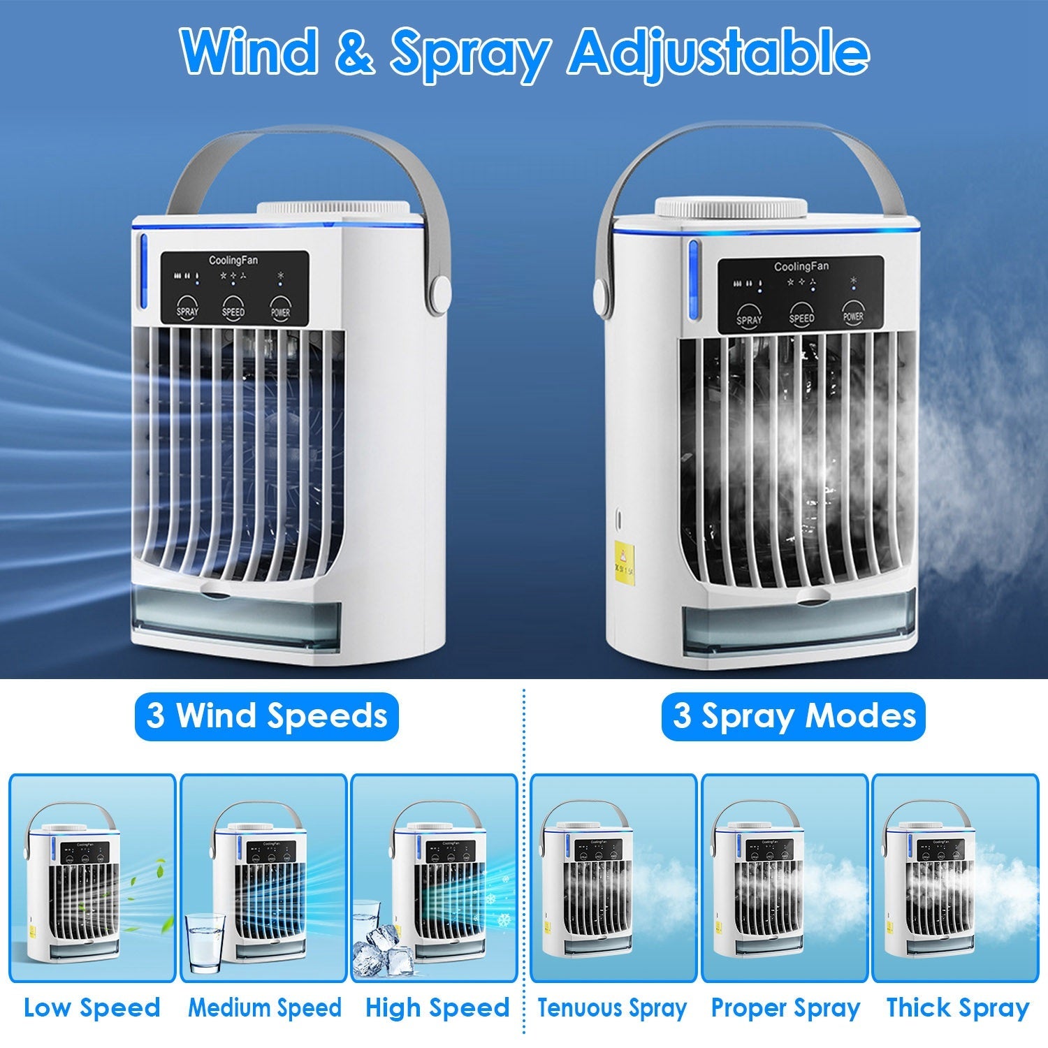 Ventilateur climatiseur portable avec humidificateur par évaporation et brumisateur à 3 vitesses