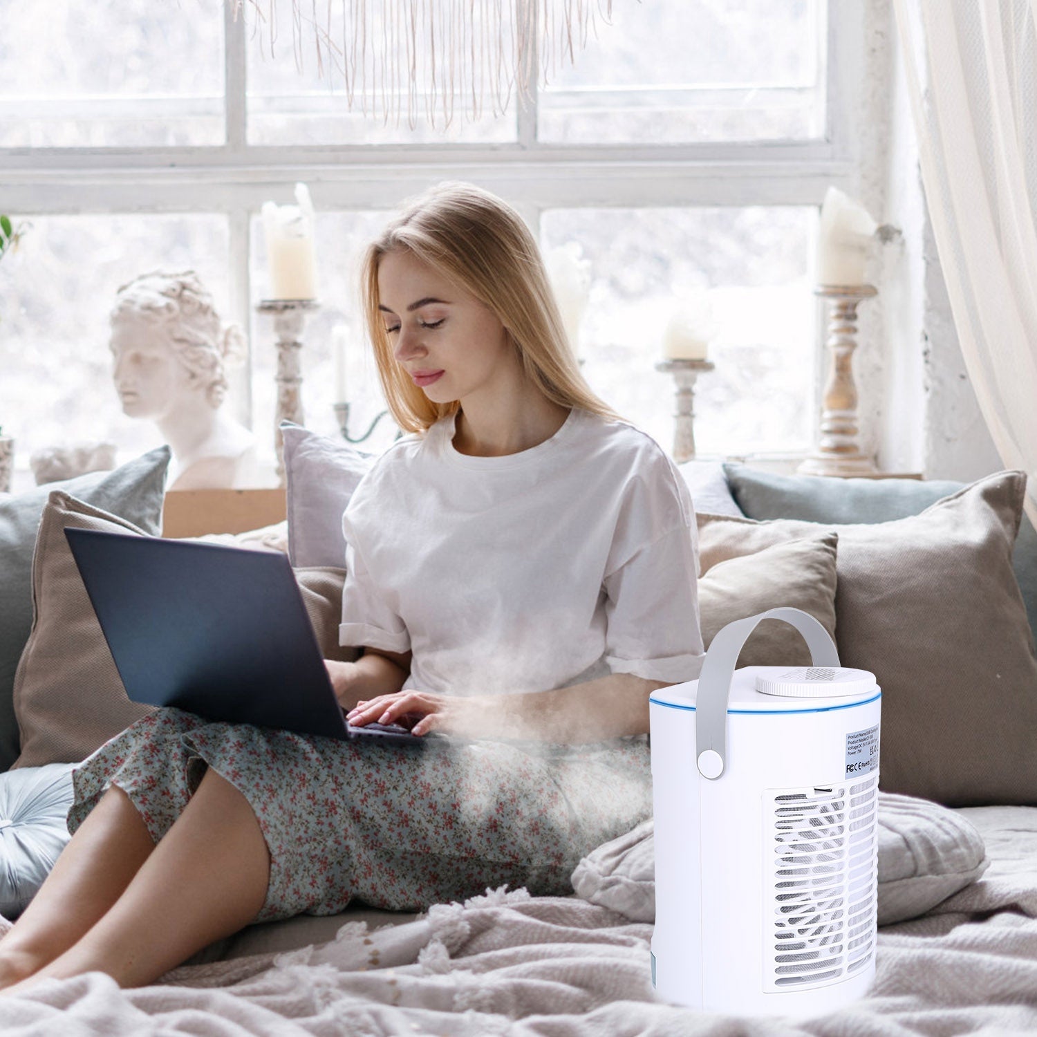 Ventilateur climatiseur portable avec humidificateur par évaporation et brumisateur à 3 vitesses