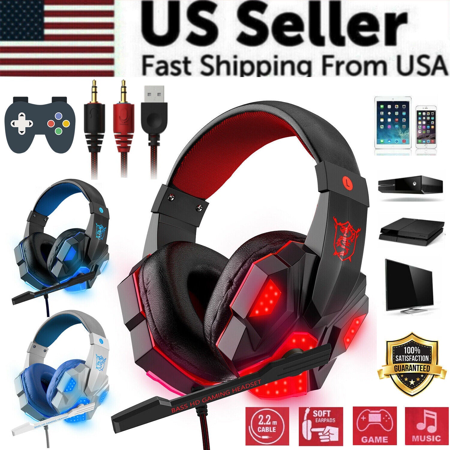 Casque de jeu 3,5 mm avec micro, LED et basses surround stéréo pour PC, PS4 et Xbox One