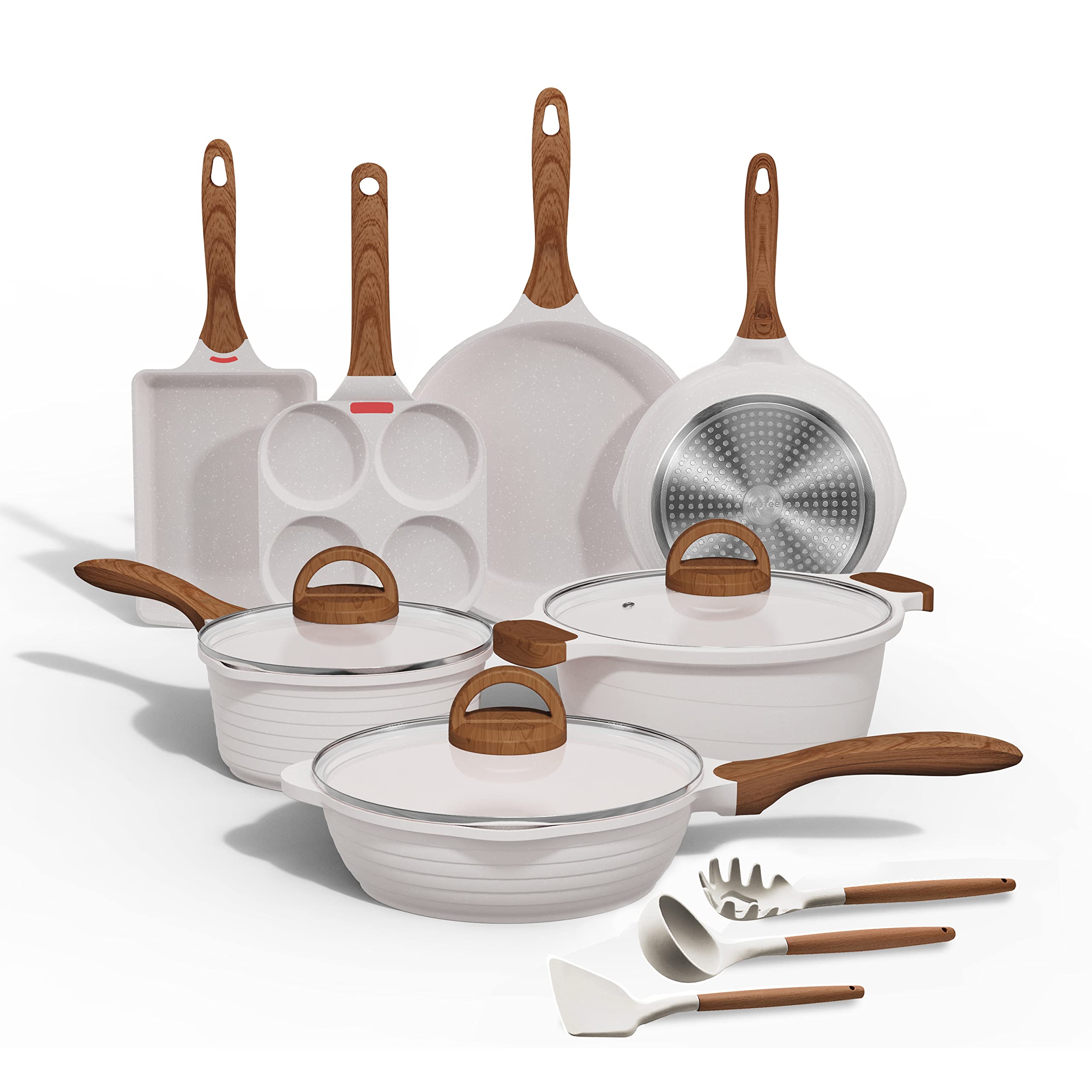 Ensemble de casseroles et poêles JEETEE, revêtement antiadhésif blanc granit, compatible induction, 13 pièces, comprenant poêle à frire, casserole, sauteuse, poêle à tamagoyaki, poêle à œufs et casseroles. Sans PFOA.