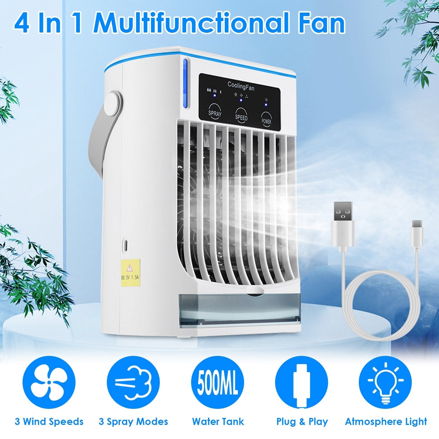 Ventilateur climatiseur portable avec humidificateur par évaporation et brumisateur à 3 vitesses