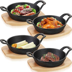 Ensemble de 4 mini poêles en fonte Sliner, mini plaques de cuisson en fonte avec base en bois, petite poêle ronde en fonte pour fajitas, mini casserole en fonte pour la cuisson au four (12,4 cm)