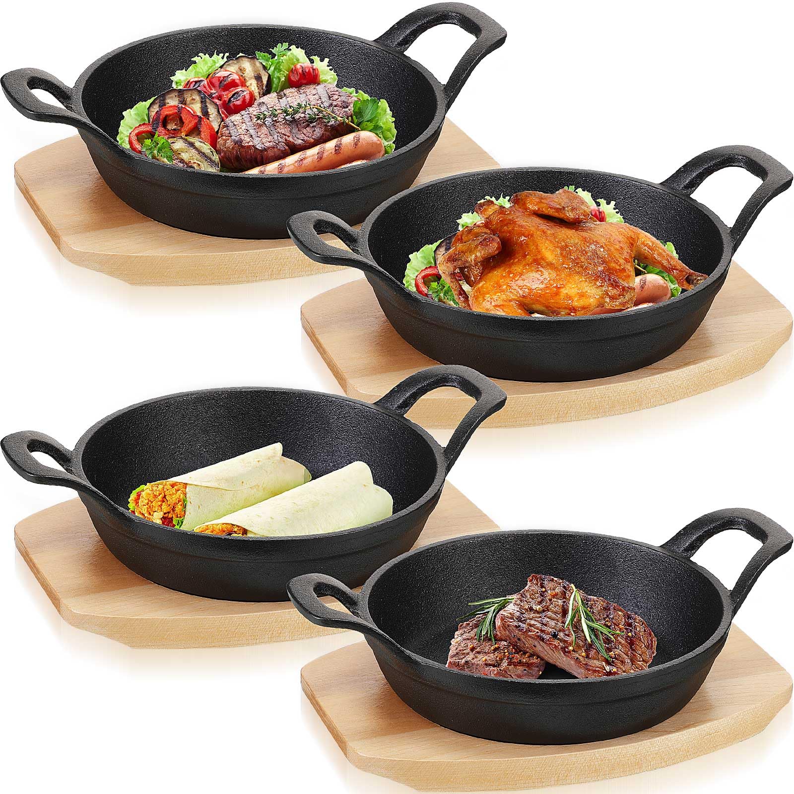 Ensemble de 4 mini poêles en fonte Sliner, mini plaques de cuisson en fonte avec base en bois, petite poêle ronde en fonte pour fajitas, mini casserole en fonte pour la cuisson au four (12,4 cm)