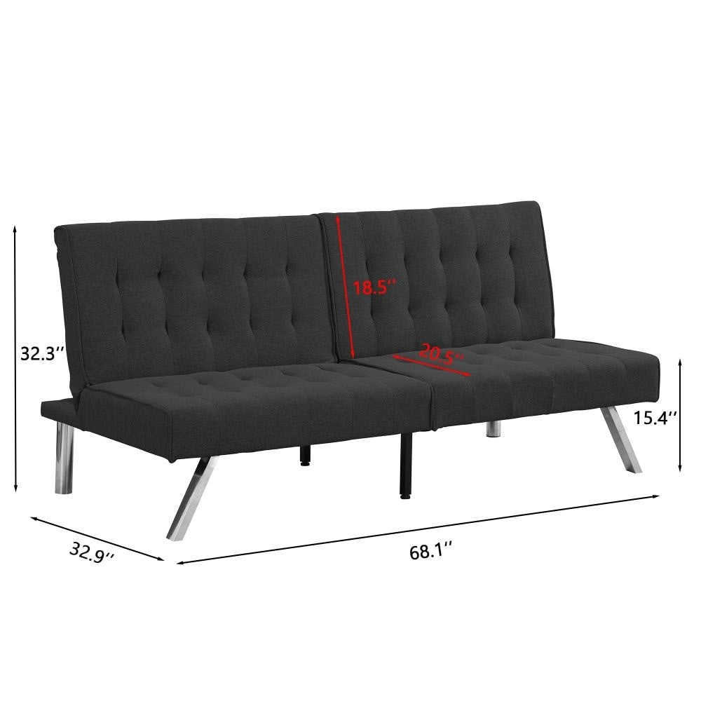 FUTON, CANAPÉ-LIT NOIR, STRUCTURE EN BOIS, PIEDS EN INOX
