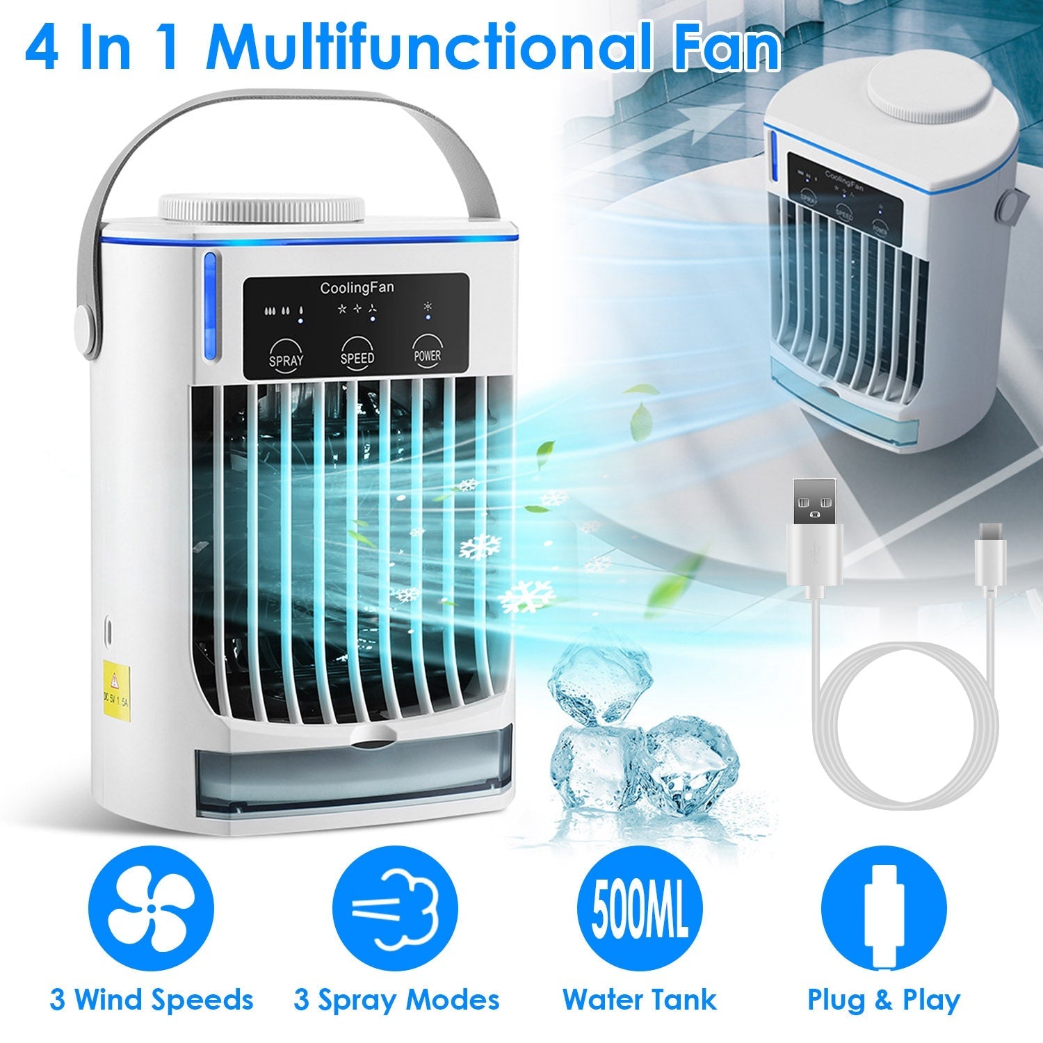 Ventilateur climatiseur portable avec humidificateur par évaporation et brumisateur à 3 vitesses
