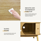 Meuble TV en rotin pour téléviseurs jusqu'à 75 pouces, style ferme moderne, console multimédia avec pieds en bois massif, meuble TV pour salon ou home cinéma.