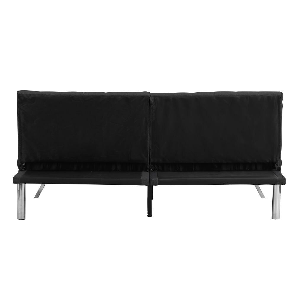 FUTON, CANAPÉ-LIT NOIR, STRUCTURE EN BOIS, PIEDS EN INOX