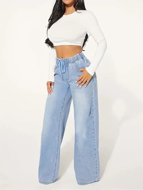 Jean taille haute à cordon de serrage et jambes larges – Édition 25 – Bleu clair