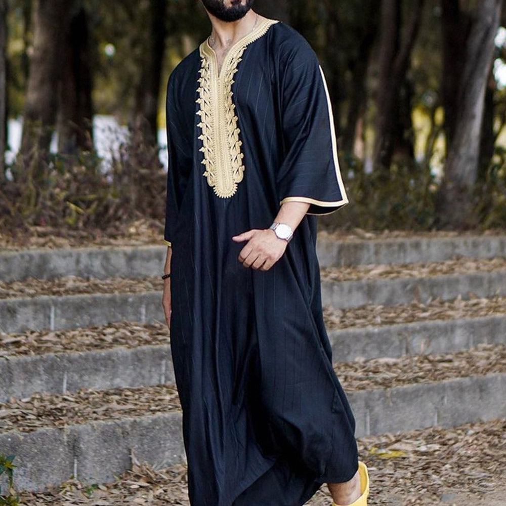 Chemise longue noire élégante pour homme, robe musulmane