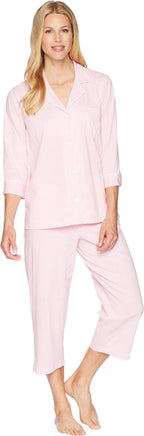 Ensemble pyjama Capri en maille à carreaux Lauren Ralph Lauren Essentials, rayures roses et blanches, taille XL (US 16-18)