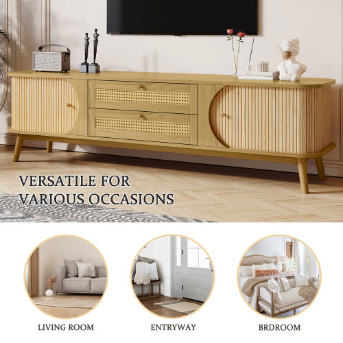 Meuble TV en rotin pour téléviseurs jusqu'à 75 pouces, style ferme moderne, console multimédia avec pieds en bois massif, meuble TV pour salon ou home cinéma.