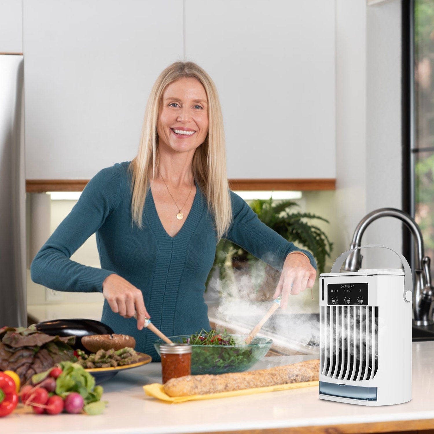 Ventilateur climatiseur portable avec humidificateur par évaporation et brumisateur à 3 vitesses