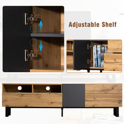 Meuble TV moderne pour téléviseur 80 pouces avec double espace de rangement, console multimédia, centre de divertissement avec porte abattante pour salon