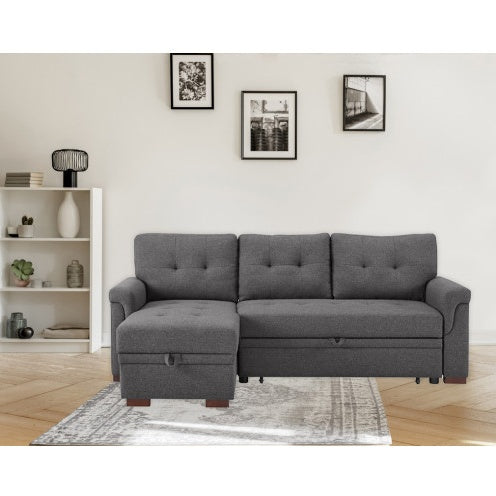 Canapé d'angle convertible réversible en lin gris foncé avec méridienne de rangement
