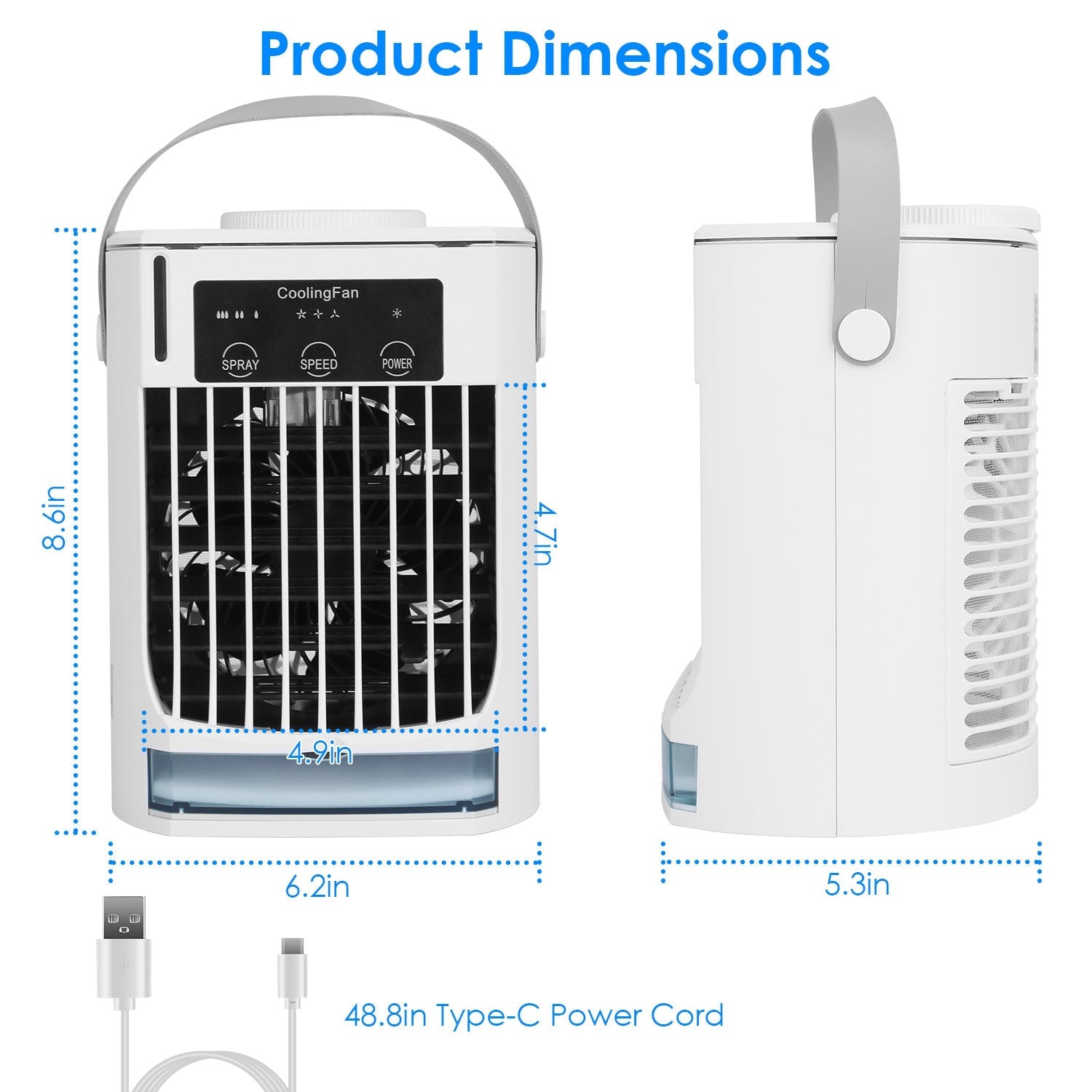 Ventilateur climatiseur portable avec humidificateur par évaporation et brumisateur à 3 vitesses