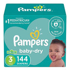 Couches Pampers Baby Dry jetables, taille 3, paquet géant de 144 unités