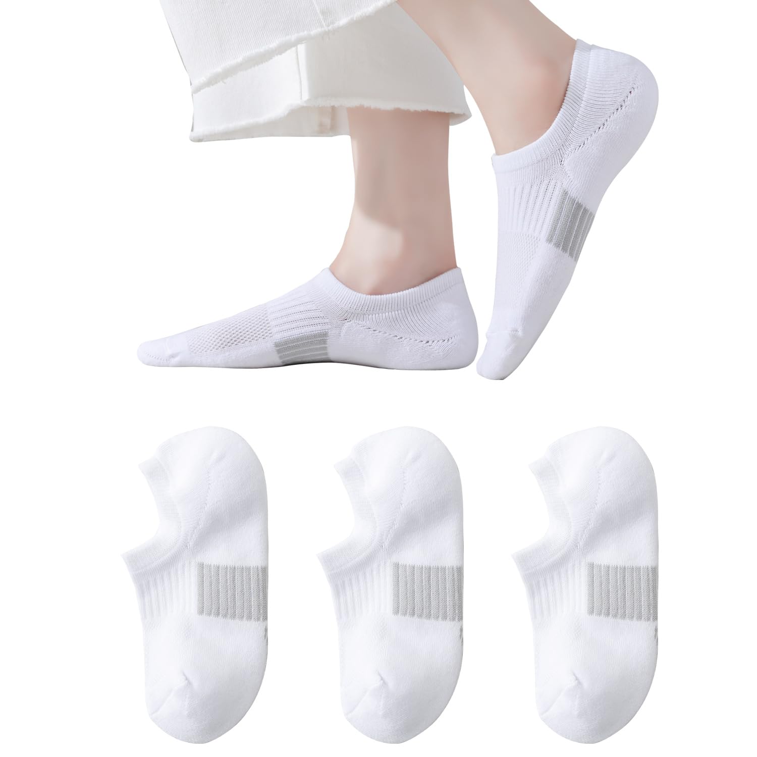 Chaussettes invisibles épaisses EPEIUS pour femmes, chaussettes de sport rembourrées pour la course, chaussettes basses invisibles antidérapantes, doublure invisible, tailles 5 à 8 (blanches, 3 paires M)