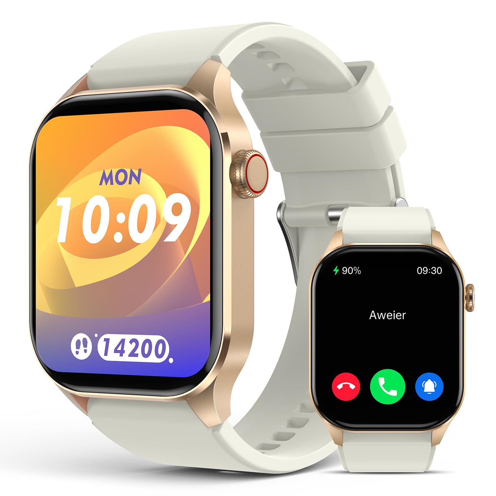 Montre connectée unisexe avec oxymètre de pouls infrarouge, écran AMOLED 2,04 pouces, suivi de la fréquence cardiaque, de la pression artérielle et du sommeil, étanche IP68, compatible Android et iOS, couleur beige.